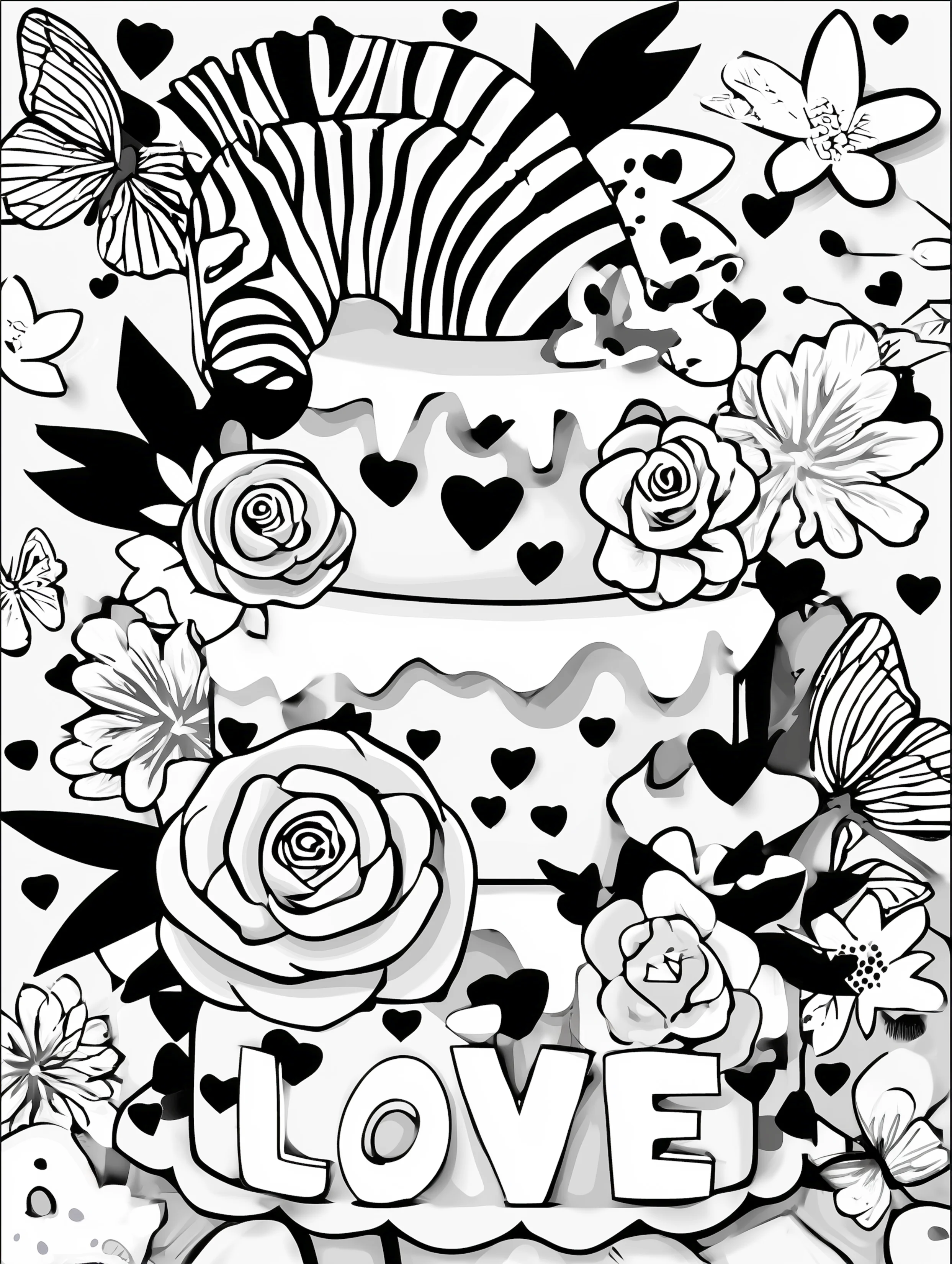 Free printable valentines coloring pages for adults featuring zebra head with love sign cake